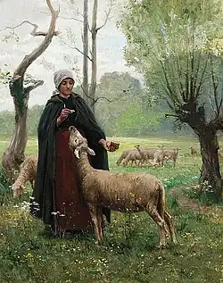 Shepherdess Feeding Her Sheep