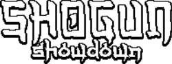The Shogun Showdown logo in a pixel font. The outline of the letters are black and the interior are white.