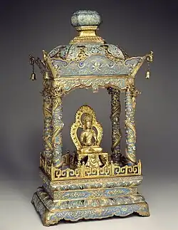 Chinese shrine for a Bodhisattva, 1736–1795. Shrine: Cloisonné enamel on copper alloy; Figure is copper with gems