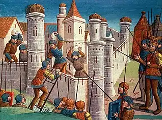 A colourful medieval depiction of a fortification being assaulted