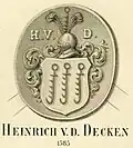 Seal of Heinrich von der Decken of the year 1585. He had three trammel hooks in his coat of arms and lived until 1590. Heinrich was alderman and mayor of the town Stade. He had farms in Götzdorf&nbsp;[de] north of Stade and Aschhorn&nbsp;[nds] near Drochtersen. He belonged to the extinct line in the town of Stade. (copied)