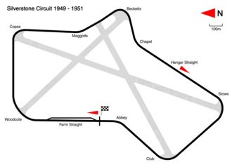 1949 to 1951: The circuit was now run on the airfield perimeter roads. Track length: 4.649&nbsp;km. Lap record: José Froilán González, Ferrari, 1:43.4 (1951 British Grand Prix).