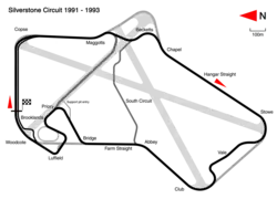 1991 to 1994:[32] Major redesign to the circuit: Copse radius increased; Maggotts and Becketts esses; Stowe, Vale and Club complex; elevation change beyond Abbey; and Bridge, Priory, Brookands and Luffield complex. Track length: 5.226&nbsp;km. Lap record: Nigel Mansell, Williams-Renault, 1:18.965 (1992 British Grand Prix).