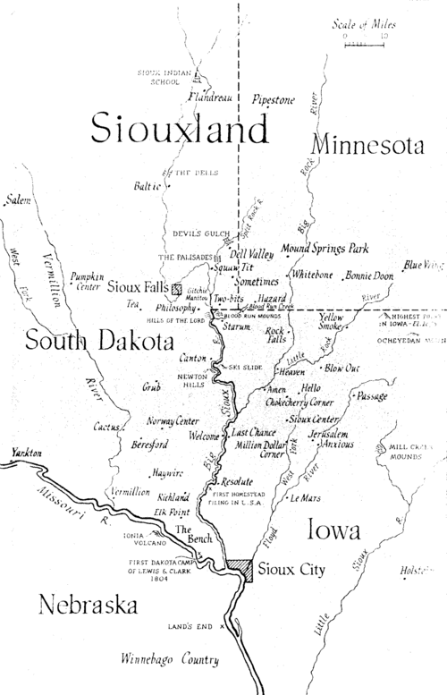 Map of Siouxland from the endpapers of the novel "This Is the Year" by Feike Feikema (Frederick Manfred), who defined "this area where state lines have not been important" and coined the name in 1946