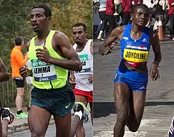 Left:Black man running in dark shorts and fluorescent green top, with another runner in the background. Right: Black woman running in dark blue kit with spectators in the background.
