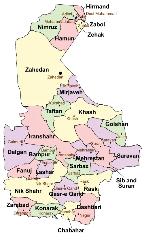 Location of Khash County in Sistan and Baluchestan province (center right, yellow)