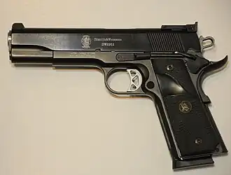 A basic version of Smith & Wesson's SW1911 with user-installed Pachmayr grips