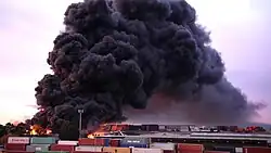 View of the chemical smoke coming from the warehouse fire