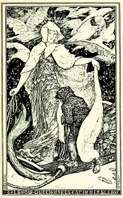 The Snow Queen takes Kay in her sledge. The Pink Fairy Book. (1897)