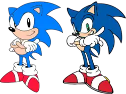 Two anthropomorphic, cartoon blue hedgehogs wearing red shoes. The one on the right is taller and slimmer, while the one on the left is shorter and portly.