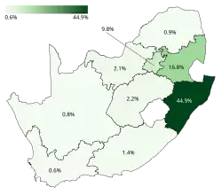 Map of percentages won by uMkhonto weSizwe (MK Party)