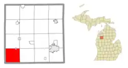 Location within Wexford County (red) and a portion of the Caberfae CDP (pink)
