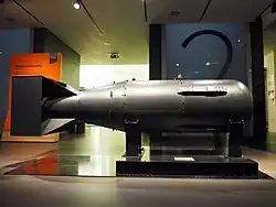 One of five casings built for the Little Boy bomb used on Hiroshima on display at the Imperial War Museum in London during 2015