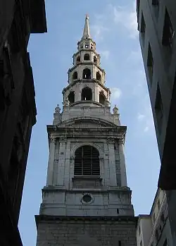 Exterior of St Bride's Church from Fleet Street, with spire