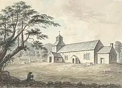 A 1795 watercolour of St Melangell's Church by John Ingleby, showing the square grave chapel at the east end.