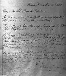 A page from the 1853 ledger of St. Mark's Episcopal Church in Palatka, Florida that shows the church's original charter and founding members, including Judge Bronson.