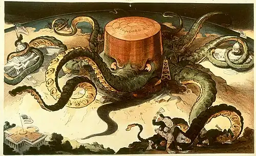 Political cartoon depicting Standard Oil as an enormous octopus with its arms wrapped around several legislative buildings and legislators.