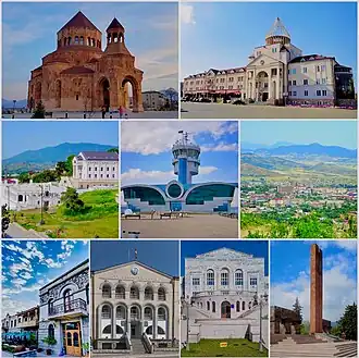 From top left: Holy Mother of God Cathedral Renaissance Square • Downtown Stepanakert Stepanakert Airport • Stepanakert skyline Park Hotel Artsakh • We Are Our Mountains Artsakh University • Stepanakert Memorial
