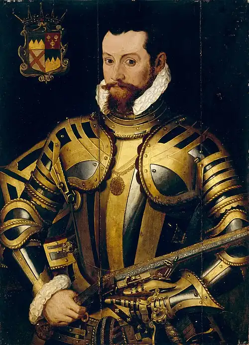Portrait of the 10th Earl of Ormond in a black-and-gold armour holding a wheellock pistol, with his coat of arms at upper left. He has brown eyes and short black hair, with a reddish-brown mustache and beard.