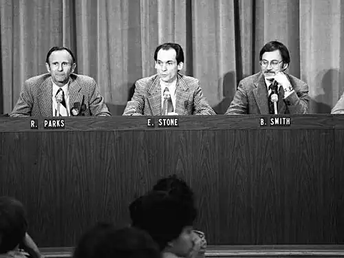 Project manager Robert J. Parks, Project scientist Edward C. Stone, and Smith at Voyager's Saturn flyby press conference