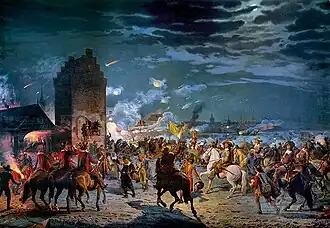 The Assault on Copenhagen in 1659 by Frederik Christian Lund, 1887, Det Nationalhistorike Museum, Frederiksborg. The Danish king can be seen on a bright white horse, surrounded by Danish troops in red coats mounted on brown horses. There is fire and explosions lighting up the night sky