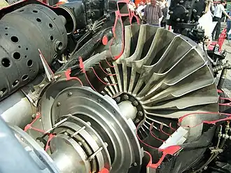 Klimov VK-1 early subsonic inlet showing the curved turning vanes which guide the inlet air into the eye of the impeller front and rear. This performance improvement was introduced by Frank Whittle in 1939 for the Power Jets W.1A "to help the air round the corner".[102] The equivalent vanes on the Rolls-Royce Nene reduced the inlet losses to the extent that thrust was increased from 4,000 to 5,000&nbsp;lb at the same turbine temperature.[103]