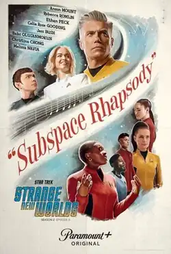The title "Subspace Rhapsody" and musical notes cross an old-fashioned poster, with characters above and below it as well as the actors' names and the series' title.