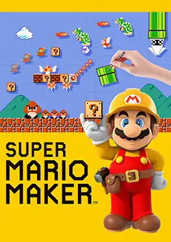 Mario, wearing a construction worker outfit, is holding a ? Block next to the game's logo. On the top, a hand is making a course in the style of the original Super Mario Bros. game.