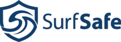 The words "SurfSafe" in blue text in a sans serif typeface, with the "Safe" in boldface. On the left is a shield shape filled with what appear to be ocean waves.