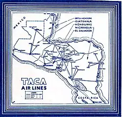 A map depicting routes operated by TACA International Airlines in 1940 in Central America