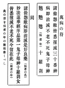 Diagram of two talismans invoking the goddess Hārītī (鬼子母神, Kishimojin'), the Ten Rākṣasīs (十羅刹女, Jū-Rasetsunyo), and the "Thirty Deities" (三十番神, Sanjūbanshin), a Shinto-Buddhist grouping of thirty Japanese kami presiding over the thirty days of a lunar month against disease, from a Nichiren-shū ritual manual