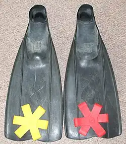 Underwater hockey fins with yellow and red pairs of fin grips