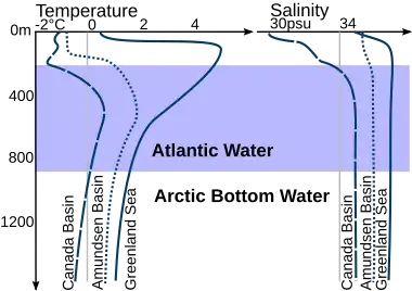 Image 10Density structure of the upper 1,200 m (3,900 ft) in the Arctic Ocean. Profiles of temperature and salinity for the Amundsen Basin, the Canadian Basin and the Greenland Sea are sketched. (from Arctic Ocean)