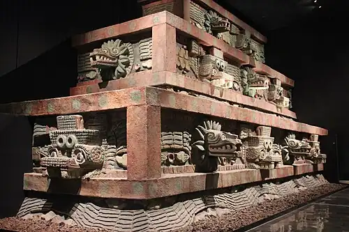 Facade of the Temple of the Feathered Serpent (detail reconstruction), Teotihuacan, Mexico, c.225[78]