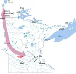 Map of the area of modern Minnesota and some surrounding areas showing forts and settlements of the early to mid 19th century.