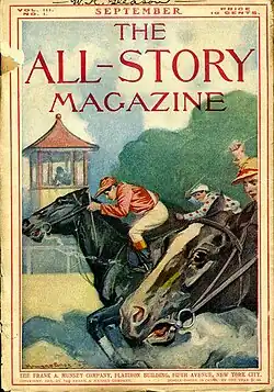 Three horses and their jockeys in a race