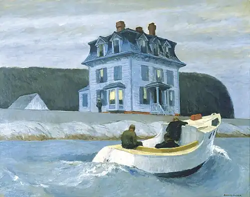 Painting of The Bootleggers by Edward Hopper showing rumrunners in a launch hugging the shore as a man on the coast standing near a large house watches them