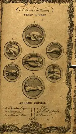 Illustration showing seven dishes to have as part of a course, including dishes with carp, lobster, hare, ducks and woodcocks