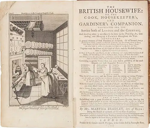 Two pages from The British Housewife: on the left, an illustration showing three cooks in a kitchen; on the right, the titlepage, with extended title, details of the contents and the publisher's details.