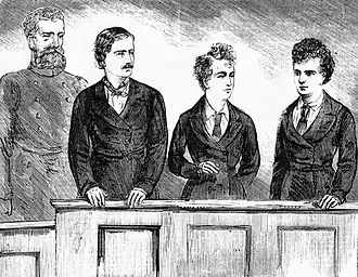 Court artist's impression of Mundell, Boulton and Park in the dock; a policeman stands behind them