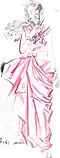 Draped pink taffeta evening dress with black lace scarf (1947). Ladies' Home Journal.[21]