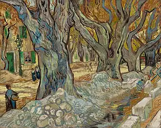 Vincent van Gogh, Road Menders at Saint-Rémy [1889], old elms miscalled planes by the artist[70]