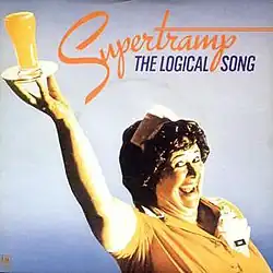 An airline waitress holding up a glass of orange juice, on a blue and white gradient, under the text 'Supertramp' and 'The Logical Song'