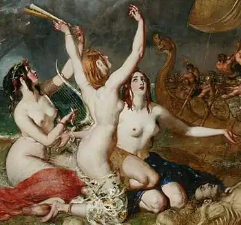 three naked women, with different hair colour but otherwise very similar appearance. Two hold musical instruments.