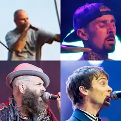 Collage of the four members of The Transplants: (clockwise from top-left) Skinhead Rob, Travis Barker, Kevin Bivona, Tim Armstrong.