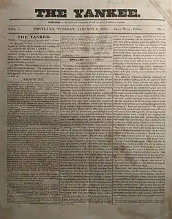 Stained white paper with words printed in three columns in blank ink below the magazine title and motto