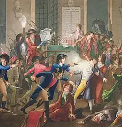 Painting by Jean-Joseph-François Tassaert of Charles-André Méda shooting Robespierre