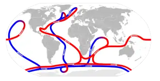 A map of the planet shows the direction of thermohaline circulation in red and blue.