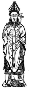 Thomas Cranley, Archbishop of Dublin (died 1417). From a brass in New College Chapel, Oxford. In addition to the vestments shown in the image of Bishop Johannes, he wears the archiepiscopal pallium.