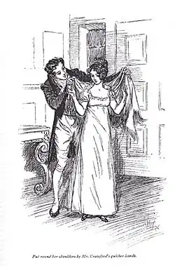 Mansfield Park, Frontispiece, ch 25 illustration: While Edmund usually did Fanny this favor, Henry rushed to put on her shawl.